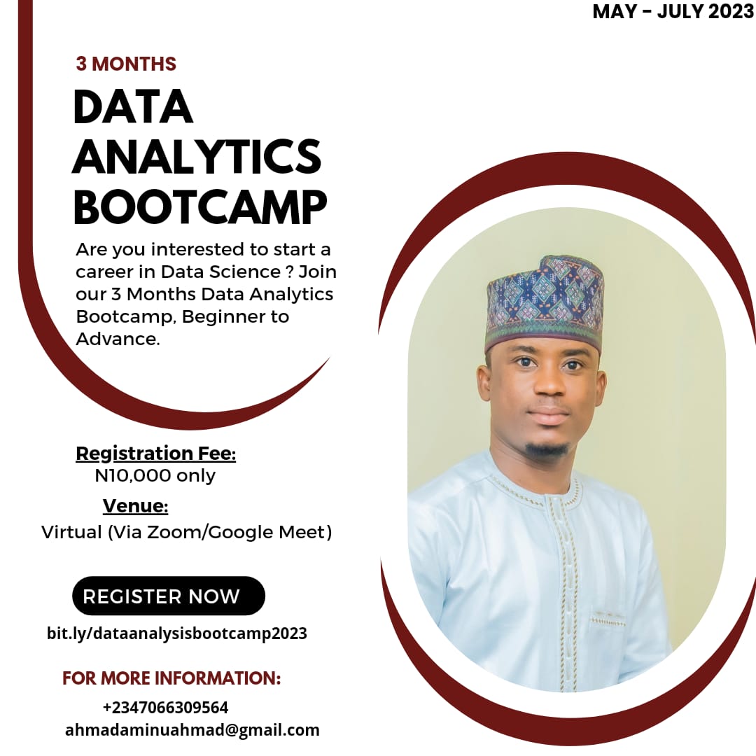 Lukman_NaAllah's tweet photo. Few Hours to close Data Analytics Bootcamp Registration 📊📉📊💻💻
#DataScientists #DataVisualization #DataScientist #Analytics https://t.co/BIQwyQDyf4