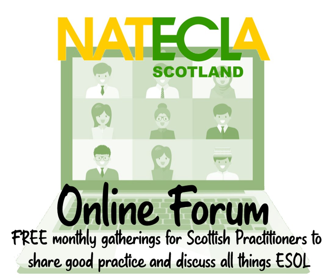 nateclascotland's tweet photo. Our next Online Forum is THURSDAY 25th May on ZOOM - Join us and @carol_goodey to talk about 'ESOL is not enough: making space(s) for informal learning in and by wider communities'.
Click here for more info and to book: https://t.co/7kG4ktNRJl
#esol #onlineforum #nateclascotland https://t.co/mOmzB2qTz9
