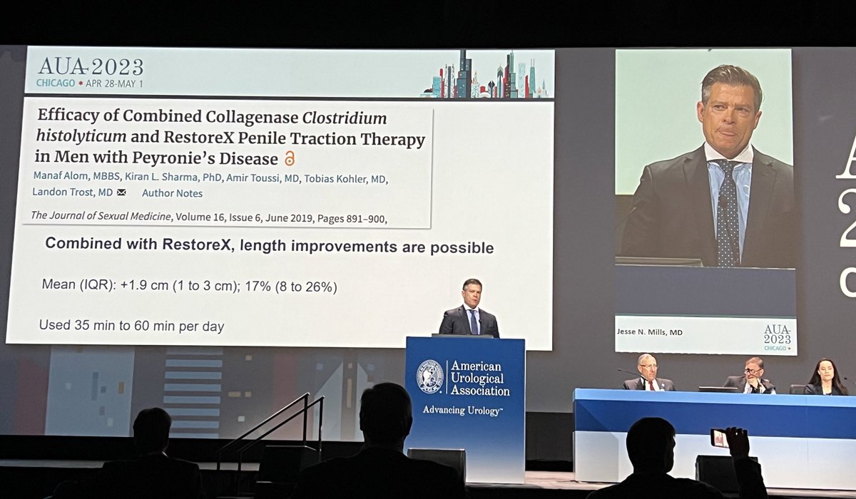 Sunday afternoon plenary continued / Dr Mills provided overview of intralesional collagenase, including new data on benefit when combined with penile stretching device and multiple courses of xiaflex. #aua23 <a href="/SMSNA_ORG/">SMSNA</a> <a href="/UclaUrology/">UCLA Urology</a>