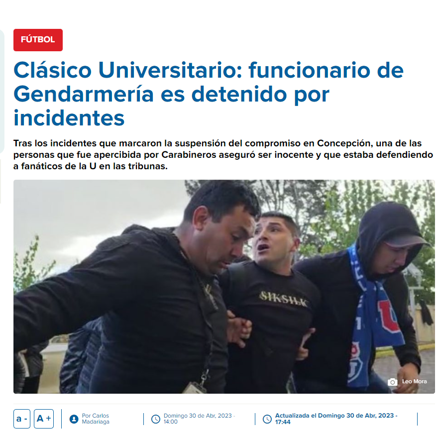 MrRangerR1's tweet photo. AHORA🚨🔴! Uno de los detenidos por incidentes en en el #ClasicoUniversitario que terminaron con la suspensión del partido es GENDARME.

#ClasicoUniversitario #Milad #ANFP #Guarello #EsterRoa https://t.co/OTuEviOphX