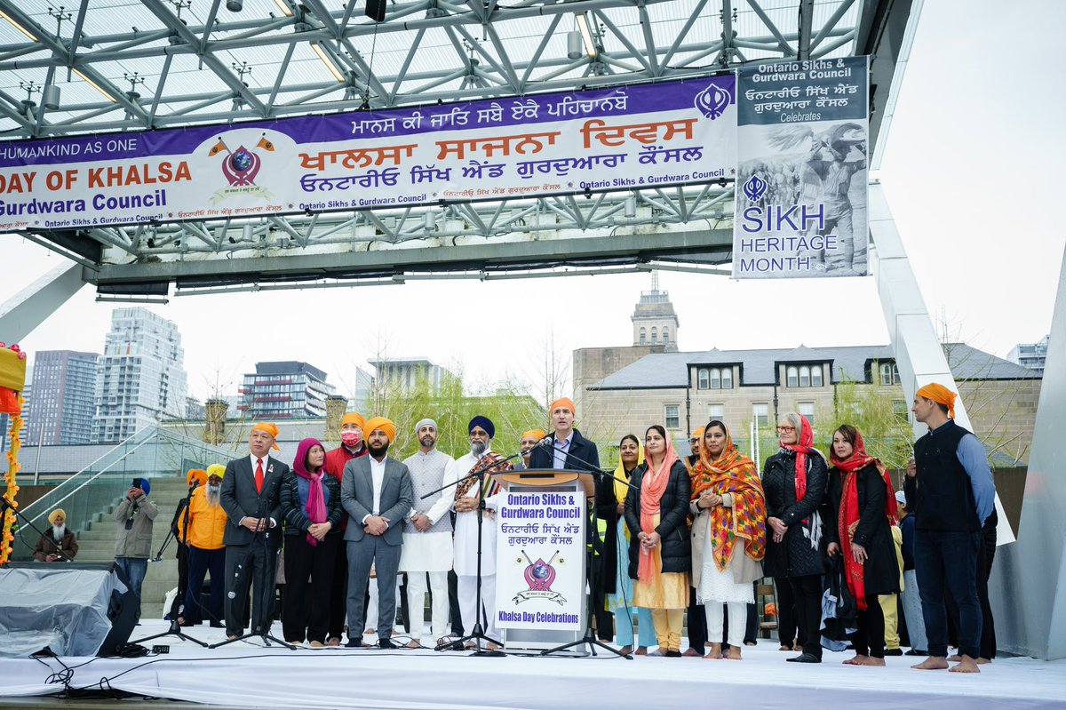 JustinTrudeau's tweet photo. From Vancouver to Edmonton to Toronto, I have fond memories of attending Vaisakhi celebrations. Today, we were back in Toronto for this year’s Khalsa Day parade – celebrating with friends old and new. Happy Vaisakhi! https://t.co/wWgEDEuJOo