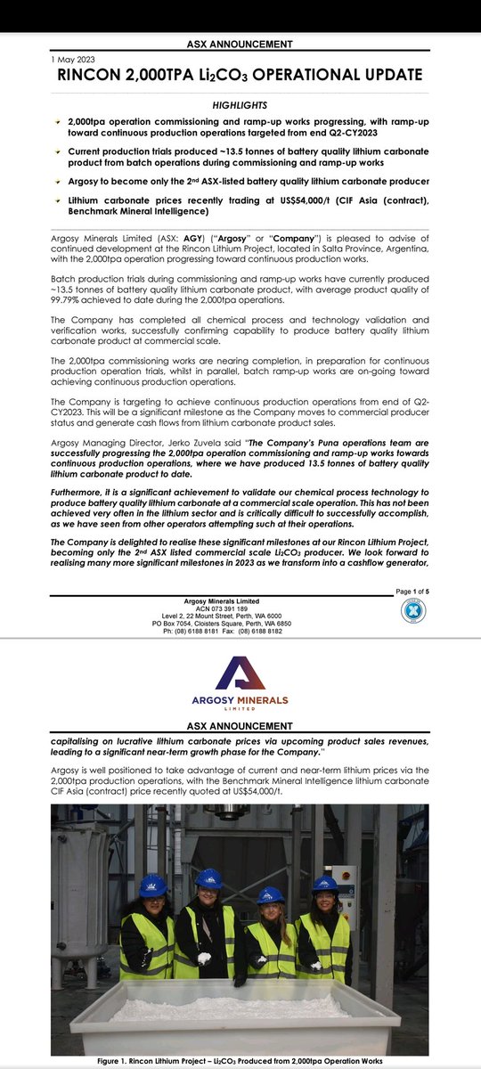$AGY commissioning & ramp-up toward continuous production from our 2ktpa operation at Rincon. Batch production trials produced 13.5t BQ Li2CO3 product to date. Super specialised chemical processing technology ✅️ Near-term major milestones + moving to 12ktpa & beyond.