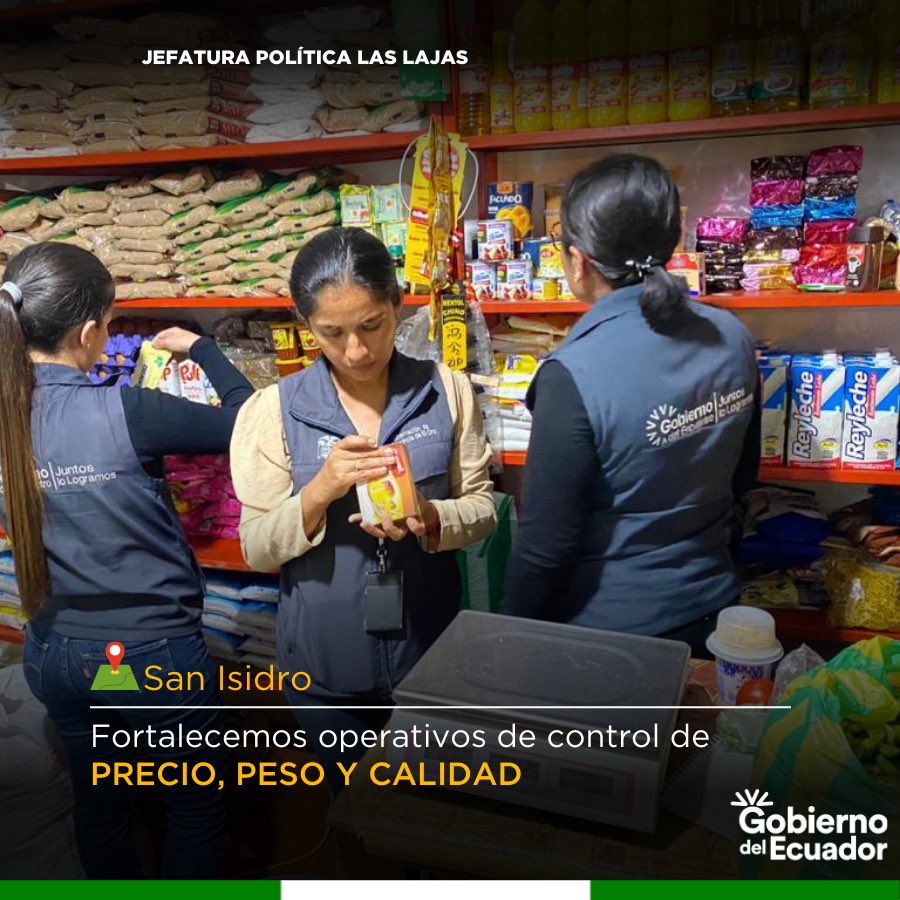 JPLasLajas1's tweet photo. ¡¡Combatimos la especulación y cuidamos tu salud!

La jefa política @lorenamorochog en coordinación con la Comisaría, Tenencias Políticas y @PoliciaEcuador, ejecutaron operativos de control de PESO, PRECIO y CALIDAD en tiendas y centros de expendio del cantón #LasLajas. https://t.co/VvBMI6QcQl