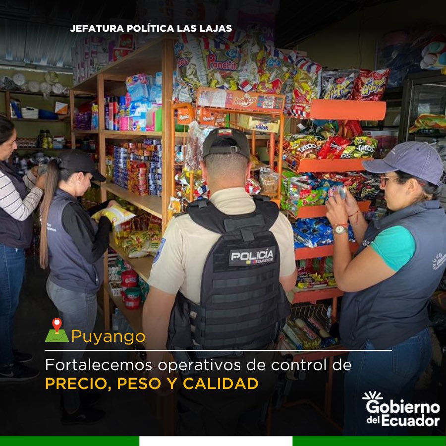 JPLasLajas1's tweet photo. ¡¡Combatimos la especulación y cuidamos tu salud!

La jefa política @lorenamorochog en coordinación con la Comisaría, Tenencias Políticas y @PoliciaEcuador, ejecutaron operativos de control de PESO, PRECIO y CALIDAD en tiendas y centros de expendio del cantón #LasLajas. https://t.co/VvBMI6QcQl