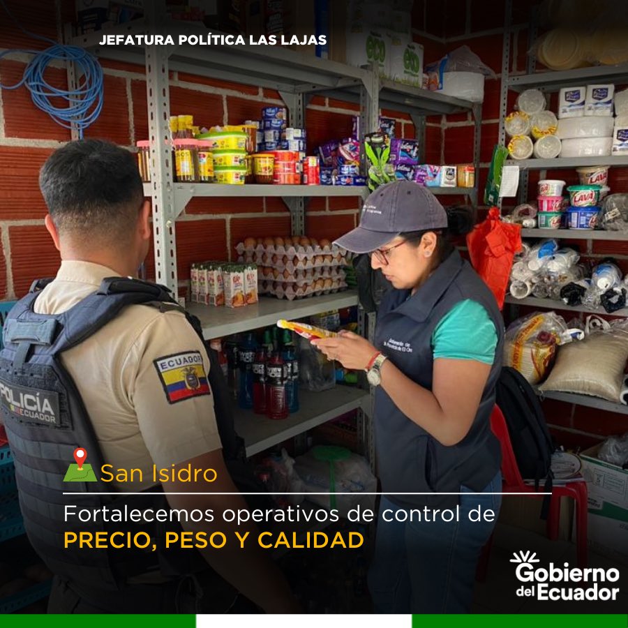 JPLasLajas1's tweet photo. ¡¡Combatimos la especulación y cuidamos tu salud!

La jefa política @lorenamorochog en coordinación con la Comisaría, Tenencias Políticas y @PoliciaEcuador, ejecutaron operativos de control de PESO, PRECIO y CALIDAD en tiendas y centros de expendio del cantón #LasLajas. https://t.co/VvBMI6QcQl