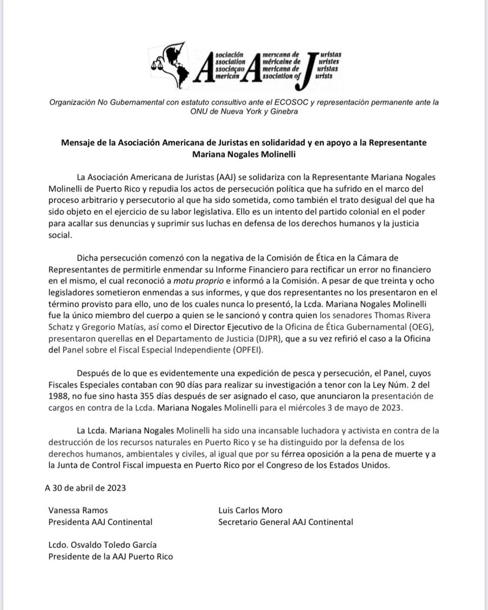 AAJContinental's tweet photo. Mensaje de solidaridad de la AAJ Continental ante persecución contra la Lcda. Mariana Nogales Molinelli de Puerto Rico. https://t.co/RSnudvE71Y