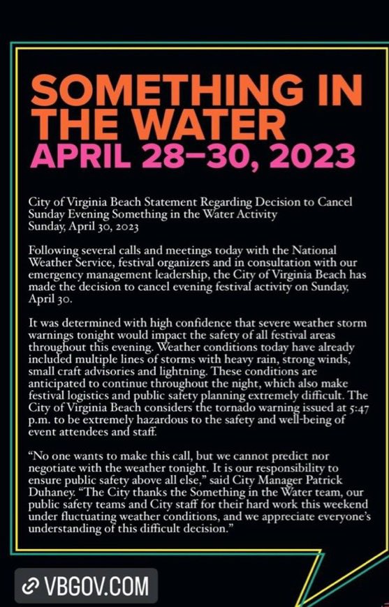 SITWCousins's tweet photo. SITW COUSINS wanted to share this announcement. Something in the Water Music Festival has been cancelled today.   #MusicFestival #SitwFest #Sitw2023 #SitwCousins #SitwFest2023 #Sitw #SomethingInTheWaterMusicFestival #SomethingInTheWater https://t.co/B2YRA5xEXt