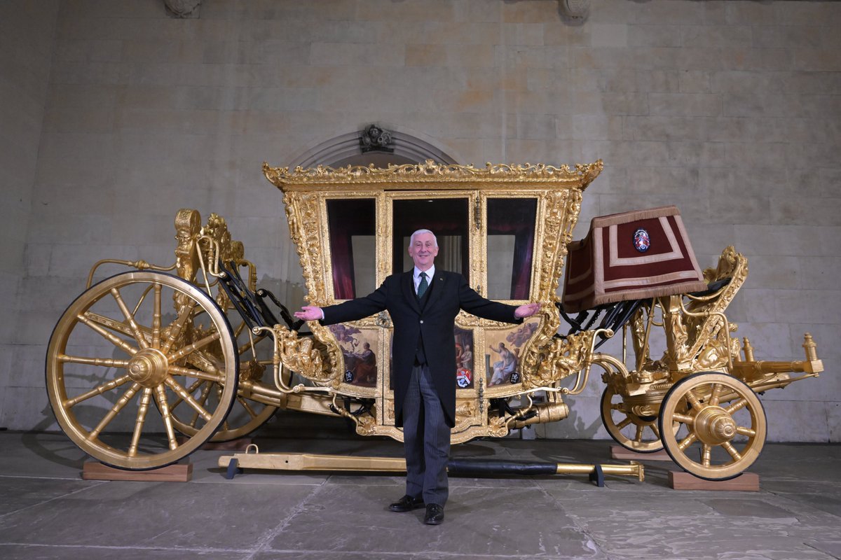 CommonsSpeaker's tweet photo. I am proud to see the 17th century Speaker’s State Coach return to Westminster Hall for the Coronation. The State Coach which was last seen in the historic Westminster Hall in 2005, will be on display from 2 May to the Autumn, to commemorate the crowning of King Charles III. https://t.co/q2DA59Ey16