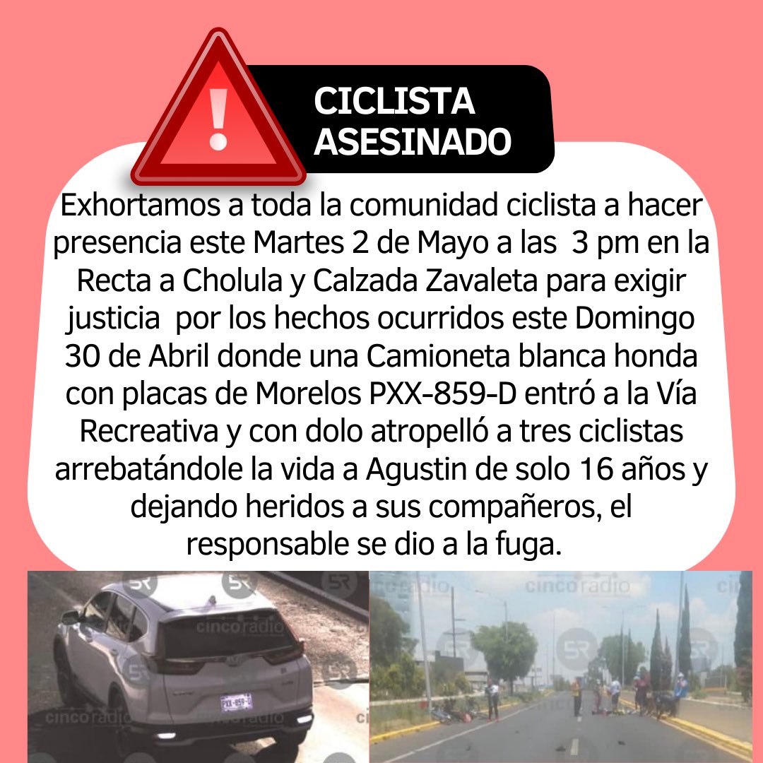 AndreaOrtMont's tweet photo. A toda la comunidad ciclista en Puebla, a todas las personas que hacen uso de las calles, de la Vía Recreativa, les exhortamos a unirnos para exigir justicia por Agustín y por la violencia vial diaria que impera en la ciudad @SergioSalomonC Esperamos tu apoyo y respuesta. https://t.co/SdUeHKzlAw