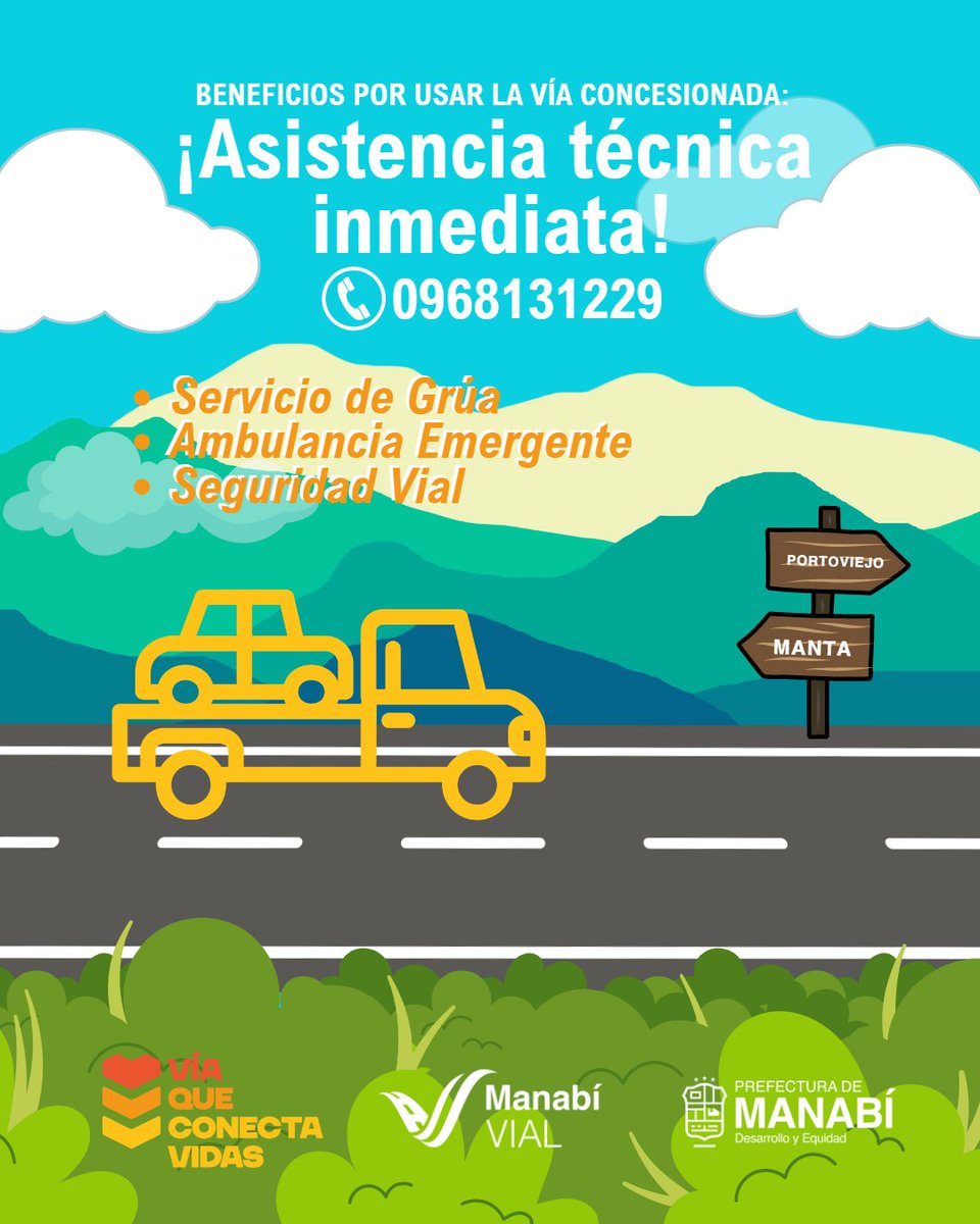 ManabiV's tweet photo. En la vía concesionada tienes asistencia mecánica inmediata, llamando al 0968131229

@Leoorlandoa 
@PrefecturManabi 

#AsíSeHaceManabí https://t.co/0OUBK1tuR8