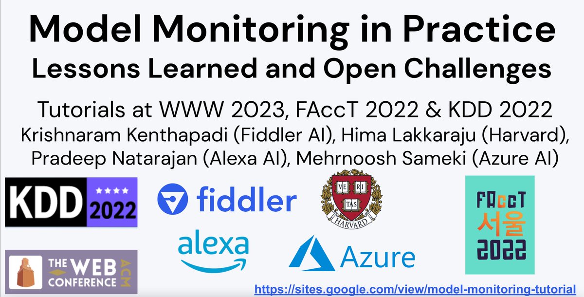 kkenthapadi's tweet image. Please join our #WWW2023 tutorial on ML #ModelMonitoring at 1:30pm CT tomorrow in Room 203 (w/ @hima_lakkaraju P. Natarajan @MSameki). Please ping me if you would like to meet during the conference.
#ResponsibleAI #ExplainableAI #FairML #GenerativeAI #ML lnkd.in/gggbE9XP