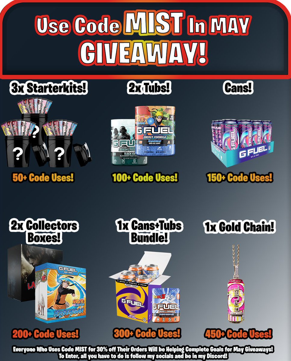 GIVEAWAY TIME BABY! 
Every time someone uses code MIST on their GFuel orders in May, We get 1 use closer to a Giveaway! 

To Enter:
1. Follow Me on Twitter, Like and retweet this post
2. Join My Discord!  discord.gg/r-gfuel-711996…

Thank you all for using code MIST! It means the