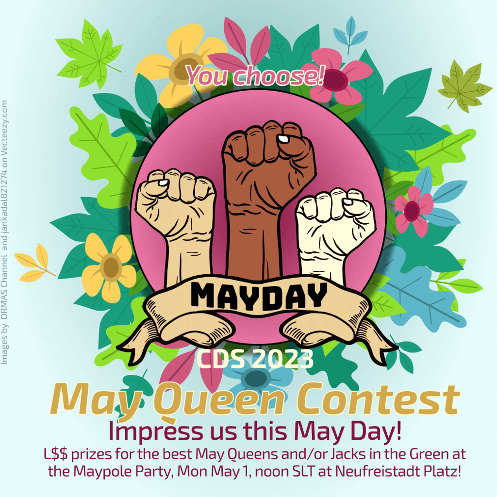 SLCDSnews's tweet photo. Come dance with us at the Maypole Party at Neufreistadt Platz tmrw Mon May 1, noon SLT. Help us decide the most awesome May Queen &amp;/or Jack in the Green outfits -- impress everyone with your own! 👷‍♀️👷🌼🌲
#slcds #cdsinsl #SecondLife #secondlifeevent #secondlifecommunity #mayday https://t.co/iPYR5zMyYh