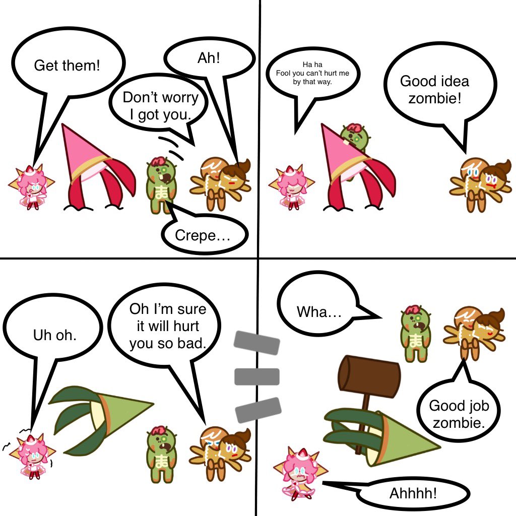 CookierunGags's tweet photo. How to fight the enemy with their weapon
#strawberrycrepecookie #zombiecookie #gingerbright #gingerbrave #cookierun https://t.co/vteAemivcU