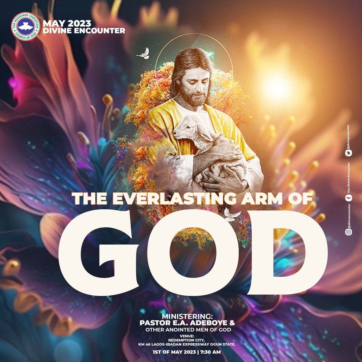 PastorEAAdeboye's tweet photo. We begin the month of May on a high note as we gather together for a Divine Encounter with the Lord tomorrow, Monday, 1|5|2023, at the Redemption City.

Time: 7:30am WAT

You can also join the program live via YouTube, DoveTV on DSTV/GOtv or other channels. https://t.co/OjhL1rd28K