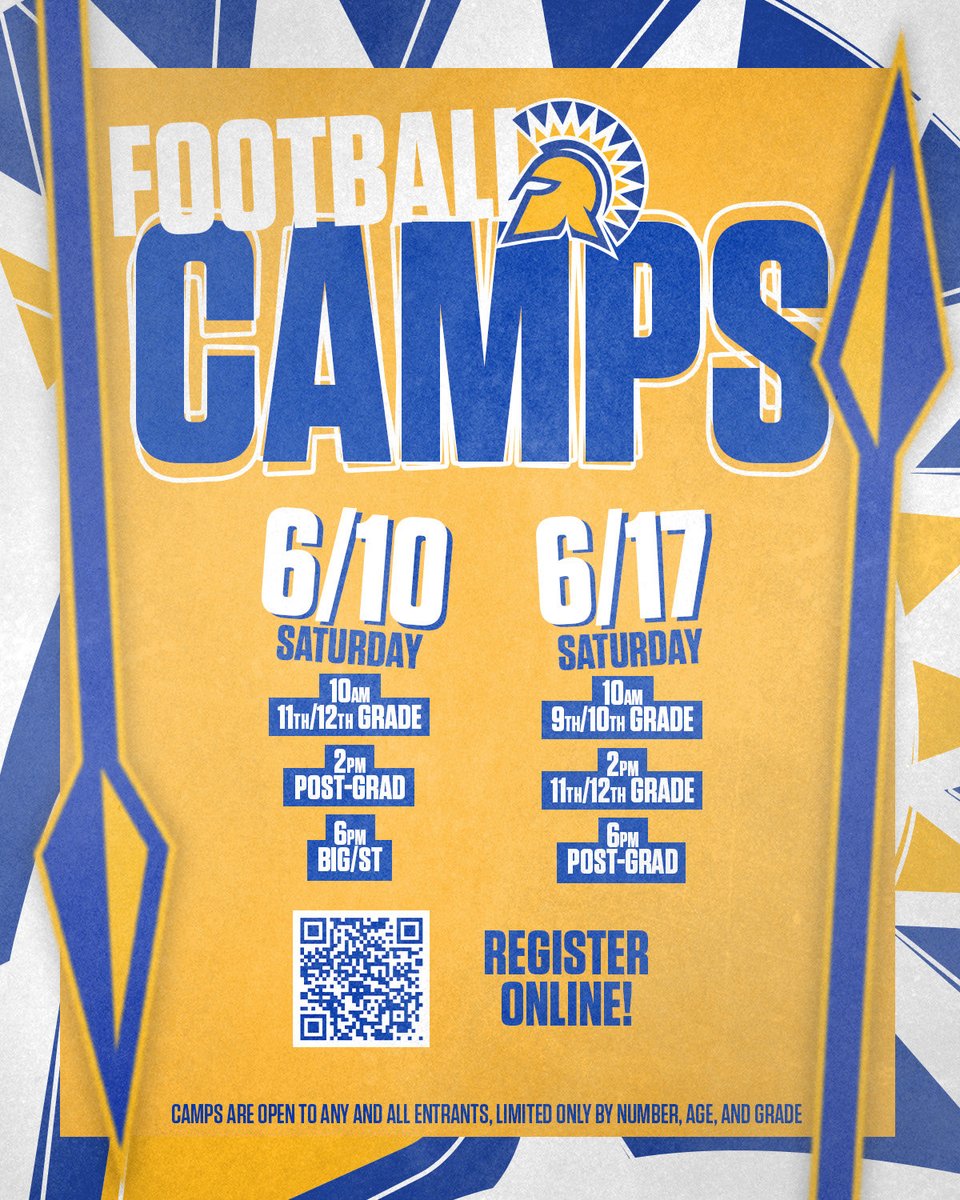 RealCoachCarter's tweet image. Calling all Ballers ⁦@SanJoseStateFB⁩ 🏈 Camp. 6/10 &amp;amp; 6/17 Sign Up Now!! All three Grade levels 9th-10th, 11th-12th, Post Grad/JUCO players! Let’sGo #SpartanUp