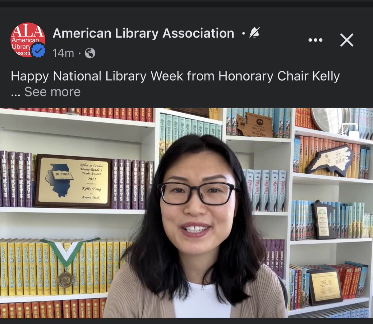 Oh hey! Love how beautiful the @oklibs #SequoyahBookAward medal looks on #NationalLibraryWeek chair, Kelly Yang’s bookshelf! @kellyyanghk