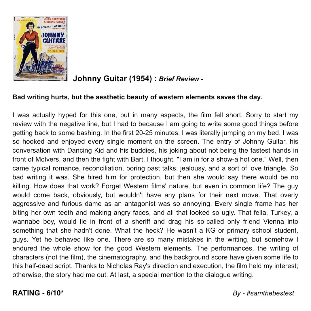 Watched #JohnnyGuitar (1954) :

Bad writing hurts, but the aesthetic beauty of western elements saves the day.

RATING - 6/10*

#nicholasray #JoanCrawford
#sterlinghayden #MercedesMcCambridge #ScottBrady #ErnestBorgnine #bencooper #wardbond #royaldano #johncarradine #moviereview