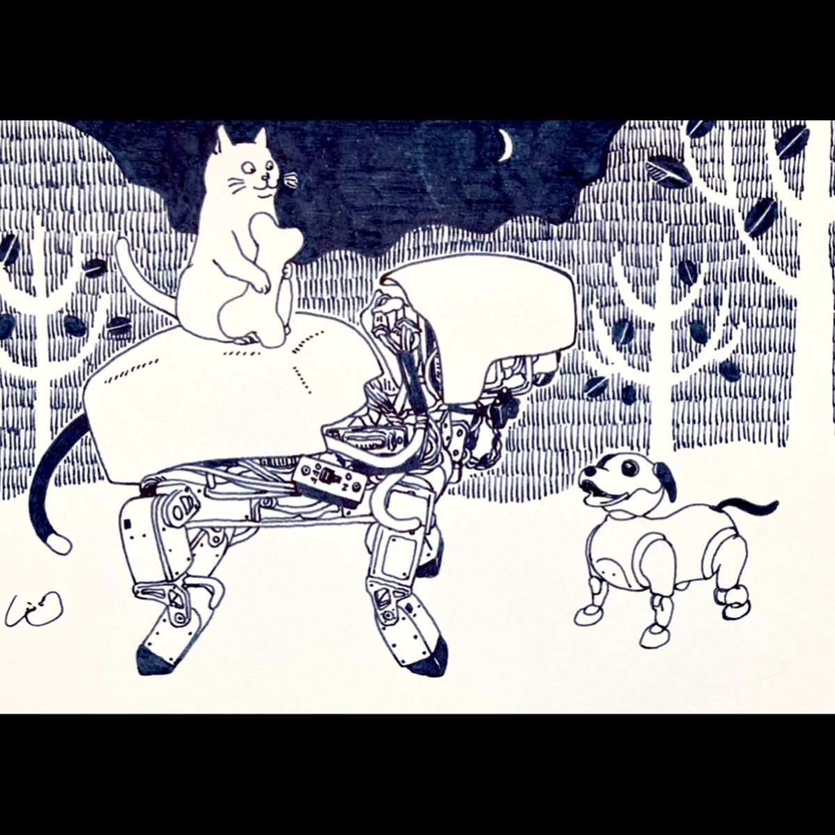 #aibo 会う 森の散歩  #InkDrawing #ペン画 #絵 #イラスト  4/28-30猫画個展@神田