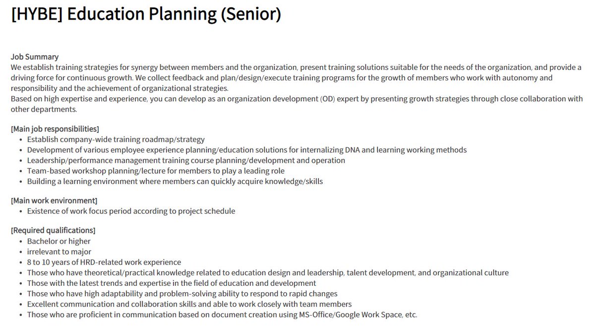 BTSARMYJobBoard's tweet photo. Hi ARMYs! 🤗 Here's an opportunity at @HYBEOFFICIALtwt for Education Planning (Senior)

Practice wisdom while applying. 💜

https://t.co/trxNNB9cvN

#BAJBSouthKorea #BAJBHR 

*Rough translation via google translate. https://t.co/SI1awy5ZWH
