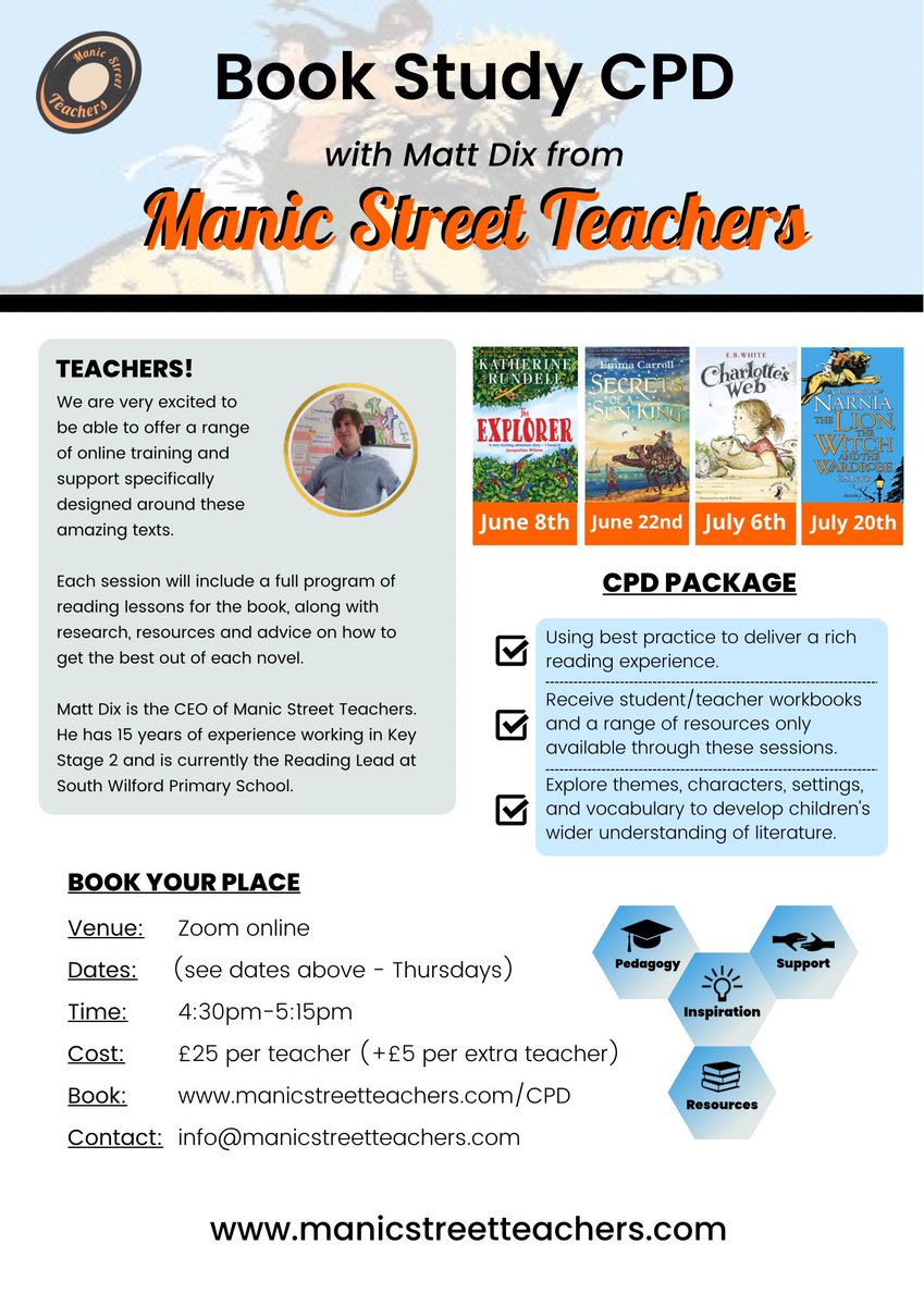 ManicStTeachers's tweet image. NEW: 🚀 CPD LAUNCH! 🚀 We’re excited to announce our 1st Book Study CPD with resources only available through these sessions. Please share &amp;amp; get yourself along! 
📗The Explorer
📙Secrets of a Sun King
📕Charlotte’s Web
📘Lion, Witch &amp;amp; Wardrobe
More info: manicstreetteachers.com/cpd