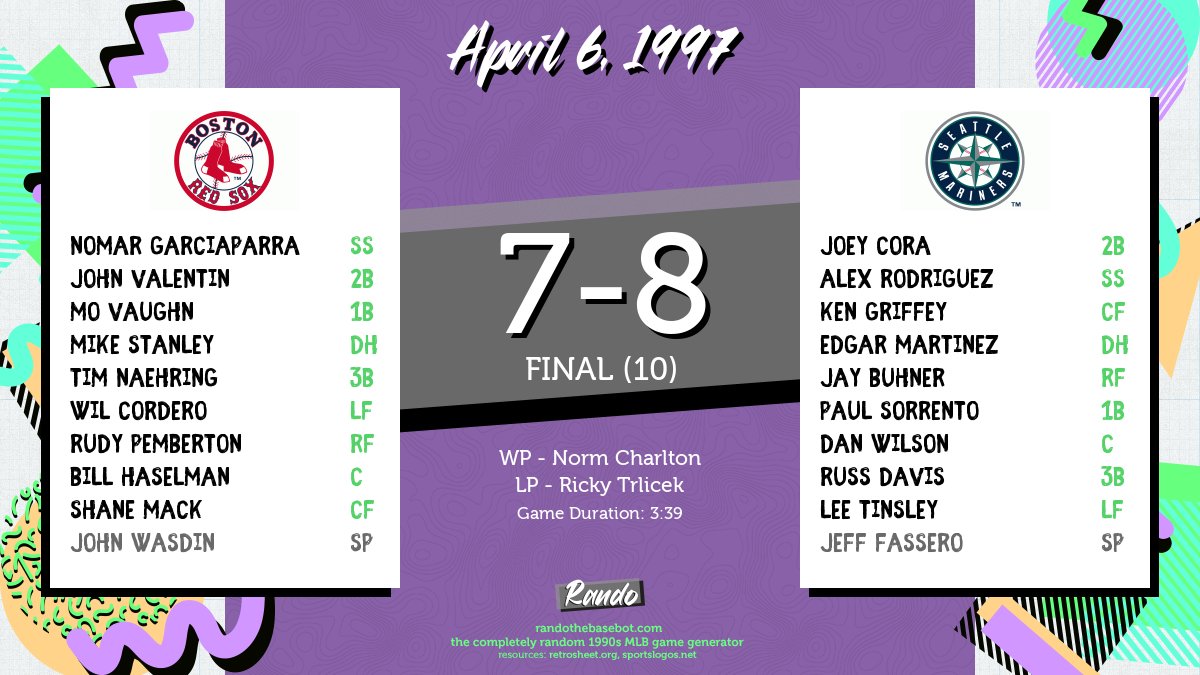 RandoBasebot's tweet image. Today&apos;s completely random game is @RedSox vs. @Mariners on April 6, 1997. #RandoBasebot

🤖: randothebasebot.com/?game=BOS_SEA_…