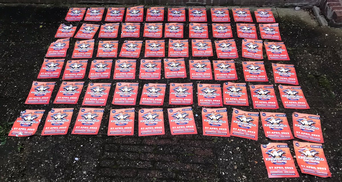 Here they are 62 #Kingsworld flyers - all picked up from littering the bikes stand at #Voorschoten Station. @GemeenteVSN