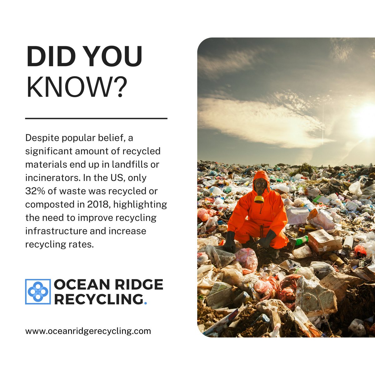 Did You Know?

Make a difference for our planet. Contact us at info@oceanridgerecycling.com or call us at +1 (800) 277-3680 to see how you can help.

#oceanridgerecycling #savetheplanet #zerowaste #recyclingcompany #waste #sustainableliving #sustainablebusiness