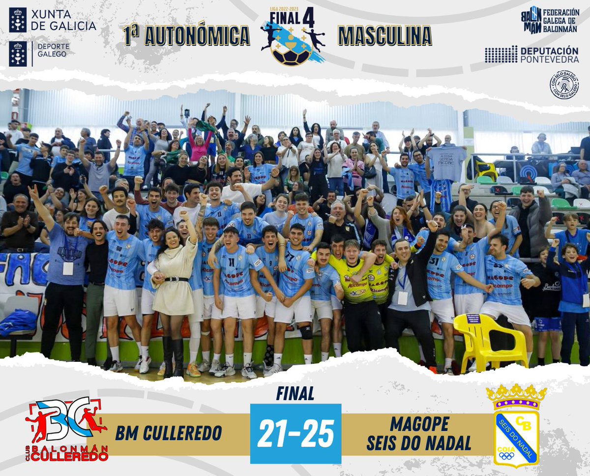 🏆 FINAL 4 PRIMERA AUTONÓMICA MASCULINA

🔹Final
🕔 Descanso
🆚 @balonmanculleredo 21:25 @balonmanseisdonadal

O Sedona faise co tan ansiado titulo da final 4 galega! Partidazo dos de Coia! Noraboa 🥳🥳

#ConSeloGalego🌟