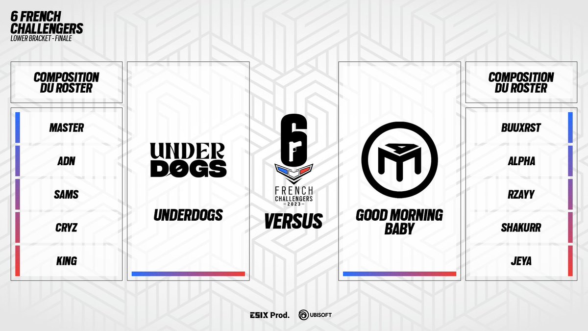 Une équipe est attendue impatiemment en Grande Finale par <a href="/LFHR6S/">LFH</a>, qui de Underdogs ou Good Morning Baby répondra à l'appel ? 🔥 #6FC

🎙️ <a href="/Skyliaa_/">Léa. 🦖</a> &amp; <a href="/iki_daimyo/">iKi</a> 
📺 twitch.tv/rainbow6fr