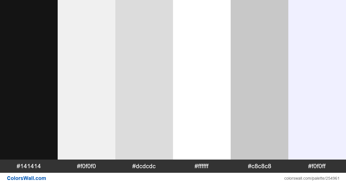 colorswall's tweet photo. Product design website startup palette #141414, #f0f0f0, #dcdcdc, #ffffff, #c8c8c8, #f0f0ff #colors #palette https://t.co/iB53BGx9bJ https://t.co/wK5PT8ajSm