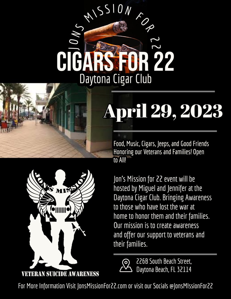 Coming soon to the Daytona Cigar Club during Jeep Beach. Come by and see us #cigars #Veterans #veteransuicideawareness #jonsmissionfor22 @THEJeepMafia