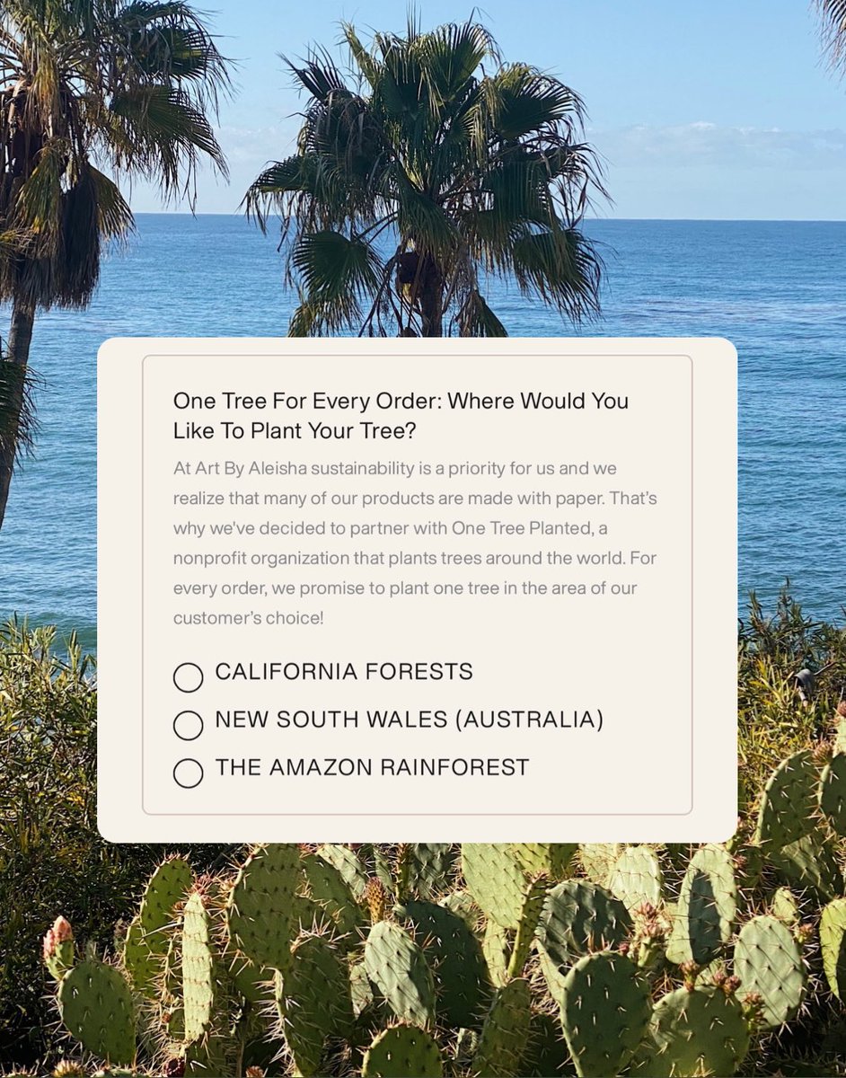 ArtbyAleisha's tweet photo. For every online order, we plant one tree in a location of the customer’s choice. Last year we planted over 600 trees — how many can we plant together this year? 🌳🌲🌴✨ https://t.co/tH5Ua13gCS
