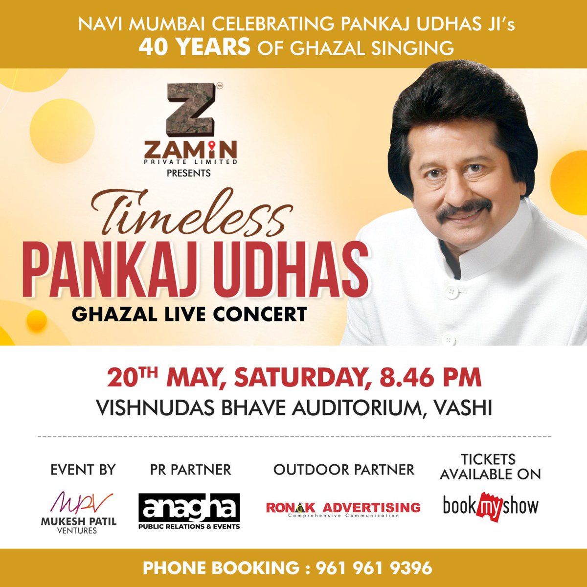 Performing after a long time at Vashi (Navi Mumbai) Timeless Pankaj Udhas concert on Sat 20th May at Vishnudas Bhave Auditorium from 8.45 pm tickets on bookmyshow.com or call 961 961 9396 Don’t miss it be there