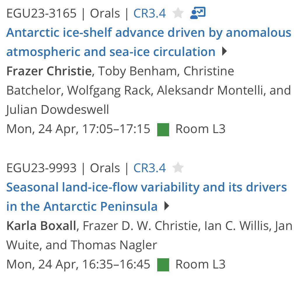 At #EGU23 and interested in: 🇦🇶 Antarctic ice-shelves 🧊 sea ice 🌊🌡️ ocean melting 💨 atmospheric circulation ✅ all of the above? Drop by session CR3.4 tomorrow PM for a double-bill from myself and @scottpolar @CamUniGeography’s @karla_boxall to learn more!