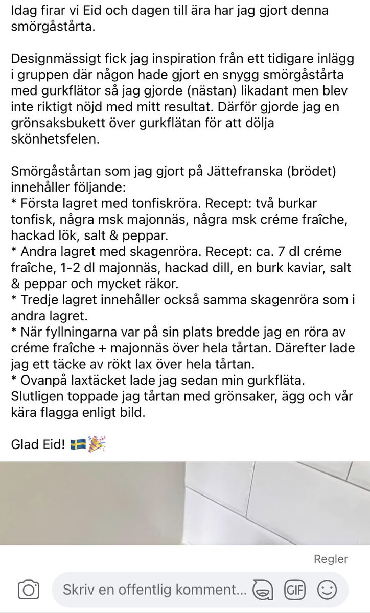 MStenlund's tweet photo. @Aronregnell Samma feeling i den otroliga gruppen ”Smörgåstårtans vänner”. Inlägget nedan bemöts till 100% med kärleksfulla och uppskattande kommentarer och ”Glad Eid!”, ingen gnäller nånsin över vego-inlägg, den är fantastisk. https://t.co/mazd57AEVK