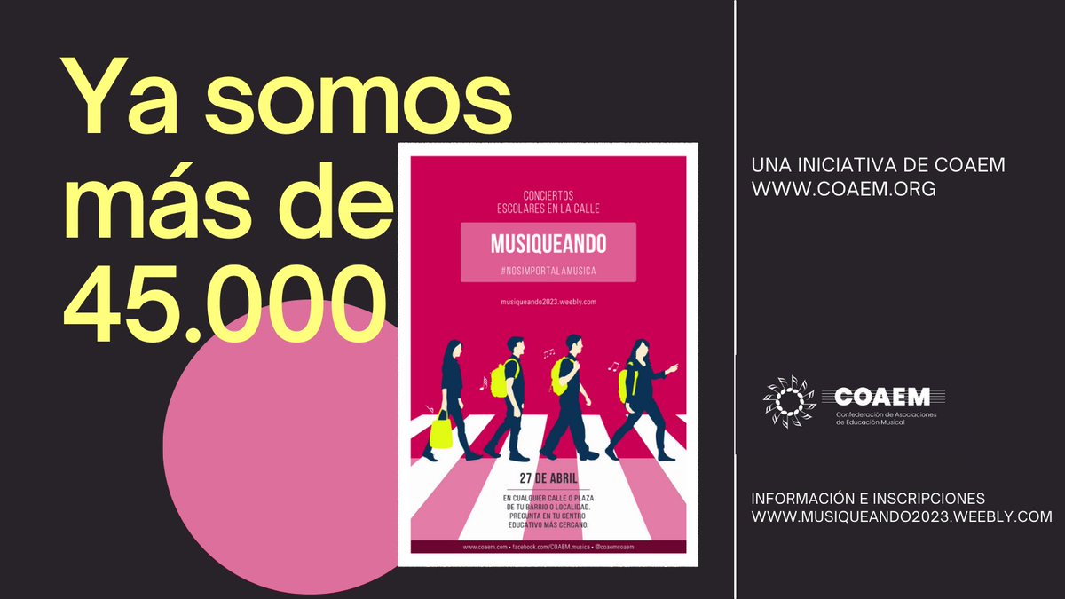 Recta final, y llegando ya los 50.000, cifra máxima de participantes alcanzada en 2019. ¿La superaremos?
¡Con tu empuje seguro! VAMOSSS
Inscríbete ya si aún no lo has hecho en musiqueando2023.weebly.com
#Educaconmusica
#nosimportalamusica
#Yoconeuterpe
<a href="/Pilar_Alegria/">Pilar Alegría</a> <a href="/educaciongob/">Ministerio de Educación, FP y Deportes</a>