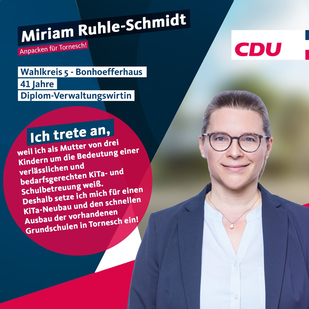 CDUTornesch's tweet photo. Für den Wahlkreis 5 - Bonhoefferhaus tritt Miriam Ruhle-Schmidt an. https://t.co/KUQ3OxD5OW
#tornesch #anpackenfürtornesch #anpacken https://t.co/eiJp8S84QS
