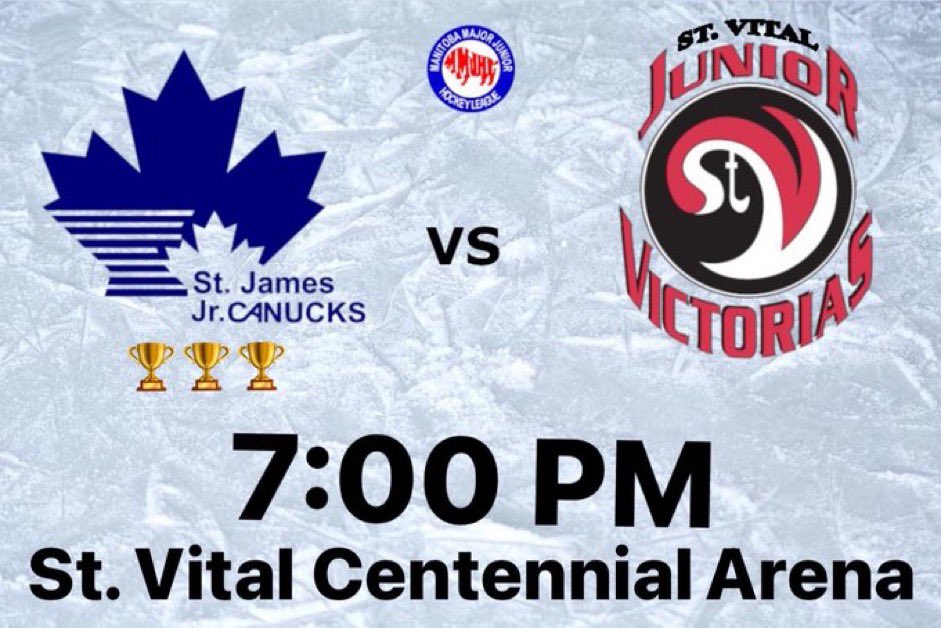 Tonight the St. James Jr Canucks look to capture their second straight #MMJHL Championship. It has been a remarkable run, winning 100 of 118 games over the past two years. Game time 7:00pm at St. Vital Arena vs. the Vics  #gonucksgo #Westwood

📸 Derek Thorsteinson