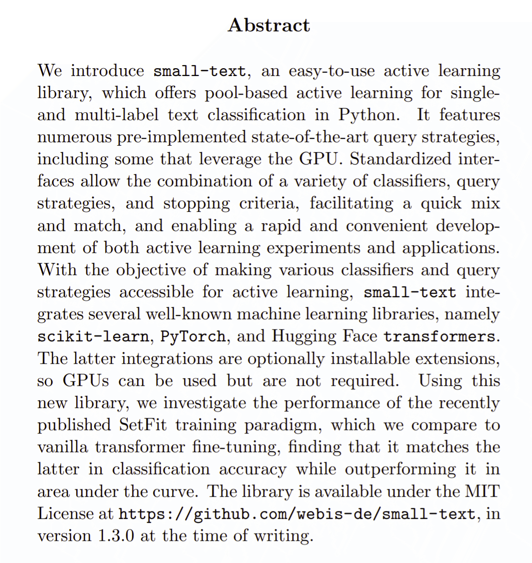 webis_de's tweet image. #EACL2023 is just around the corner, where we will be showcasing our system demonstration paper &quot;Small-Text: Learning for Text Classification in Python&quot;.

The corresponding poster presentation is scheduled for Session 6 on May 3rd, 9:00–10:30 AM.

#NLProc #TextClassification

1/2