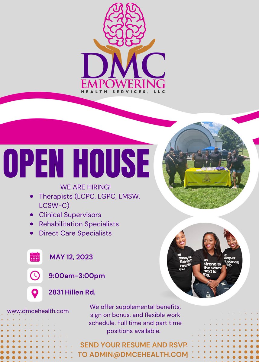 DunntheCEO's tweet photo. DMC is hiring! Join us for an open house on May 12th #baltimorejobs #Baltimore #baltimoresocialworkers  #baltimoretherapists #therapy #lmsw #lcpc #lgpc #morganstate #universityofmd #share https://t.co/RZsjqZlPna
