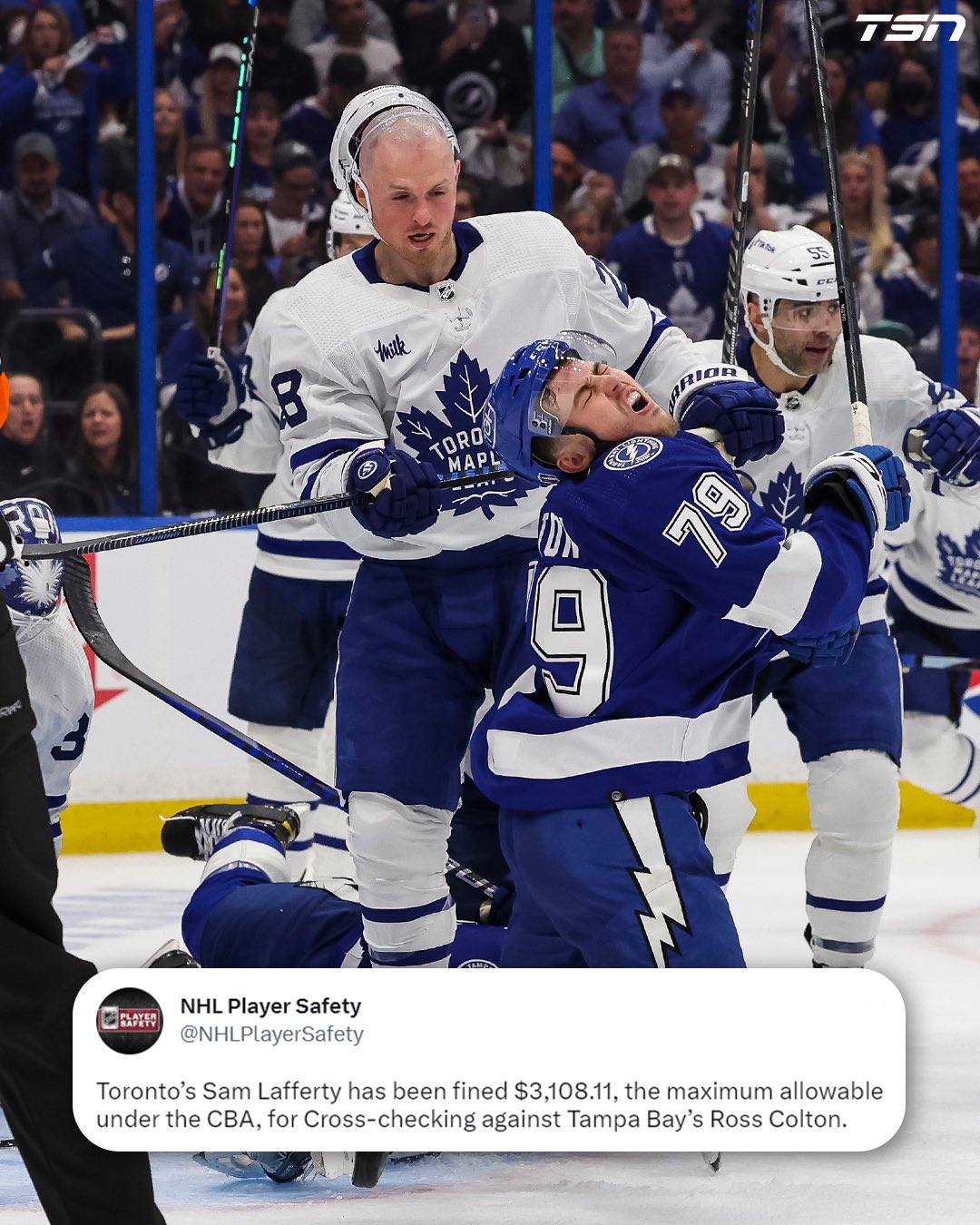 Maple Leafs' Sam Lafferty fined for cross-checking Tampa Bay Lightning's  Ross Colton in Game 3