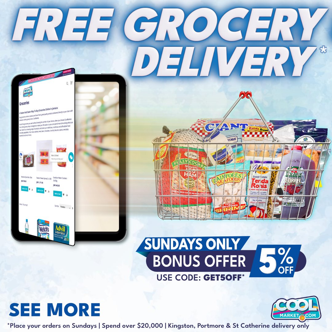 Shop today and get your groceries delivered right to your doorstep and enjoy free delivery on Sundays in Kingston, Portmore, and St. Catherine. Plus, get 5% off your order by using the code GET5OFF.
Shop now: coolmarket.com/grocery-homepa…