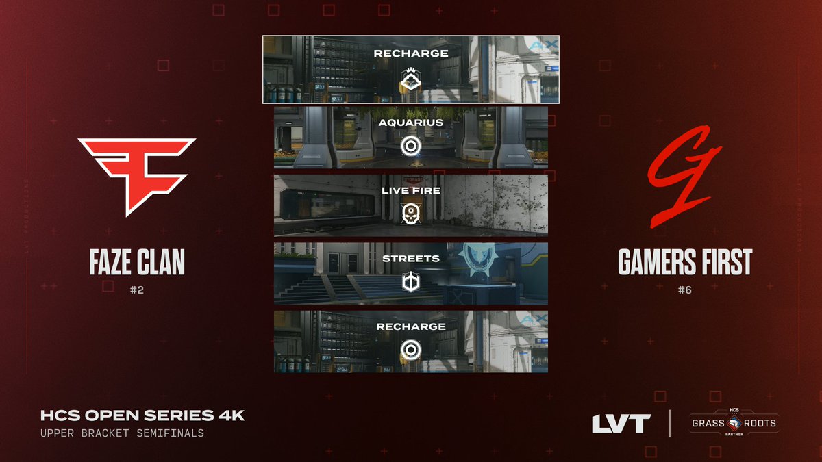 LVTHalo's tweet image. The HCS 4K #2 Championship Bracket continues today!

FaZe Clan vs Gamers First
-Upper Bracket Semifinals-

-TTV/LVTHalo
