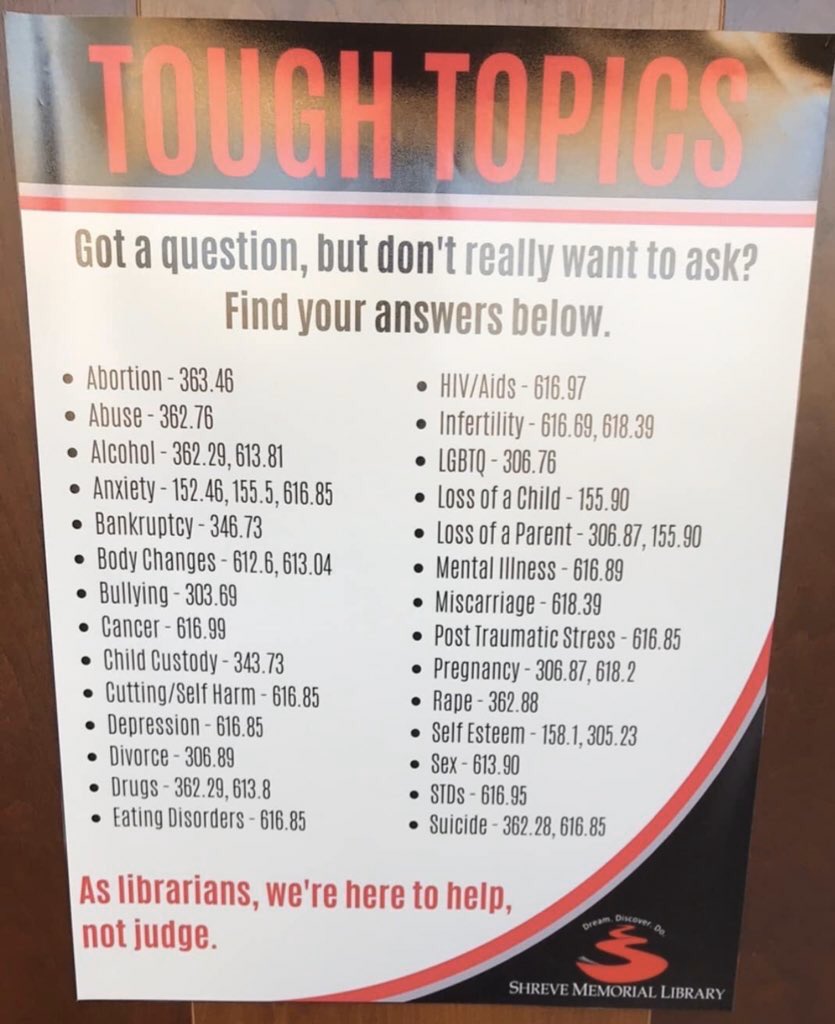 Do we want kids to know that they can come talk to us about anything & that we're their safe space? 
Of course. 
Will they? Did we with our parents? 
No. 
I don't want them keeping some of this inside or learning incorrectly from their just as uninformed friends. 
#FundLibraries