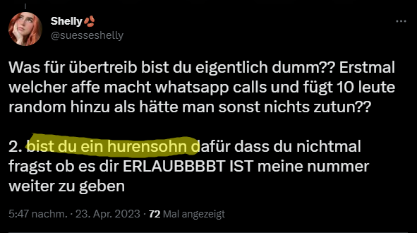 Dtscord's tweet photo. @Feneliactx @suesseshelly Ach aber das ist nicht Strafbar?
Hab sie darauf sachlich angesprochen und sie hat mich innerhalb 6,7 Sekunden blockiert. https://t.co/gR7wV2QGwQ