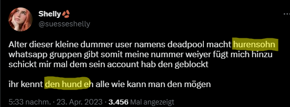 Dtscord's tweet photo. @Feneliactx @suesseshelly Ach aber das ist nicht Strafbar?
Hab sie darauf sachlich angesprochen und sie hat mich innerhalb 6,7 Sekunden blockiert. https://t.co/gR7wV2QGwQ