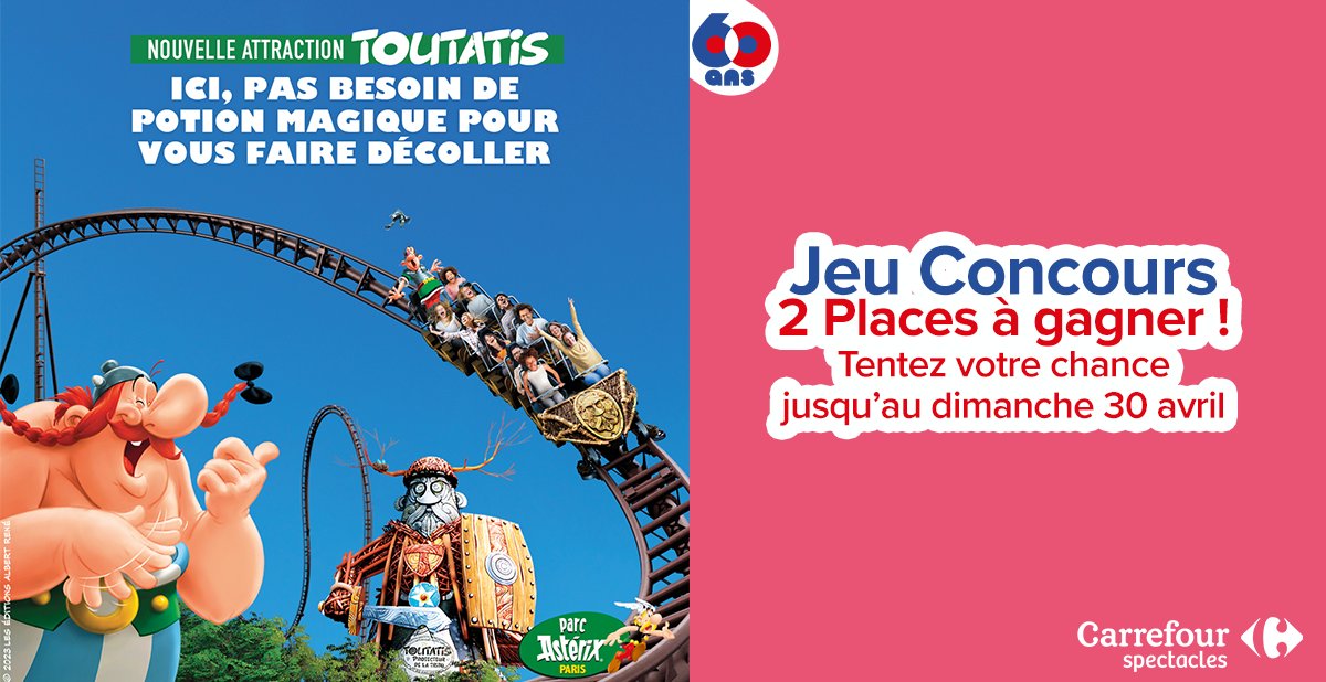 Carrefour_Spect's tweet photo. [🎢#JeuConcours🎢 - 60 ans Carrefour]

Tentez de gagner 2 billets pour 1 jour au #parcastérix !

Pour participer :
👉Follow @Carrefour_Spect
🔁RT &amp; Like ce post
🏷️Tague 1 personne avec qui tu souhaites y aller

🗓️TAS du gagnant le 02/05 !

#carrefourspectacles #concours https://t.co/t6V6hEPpdS
