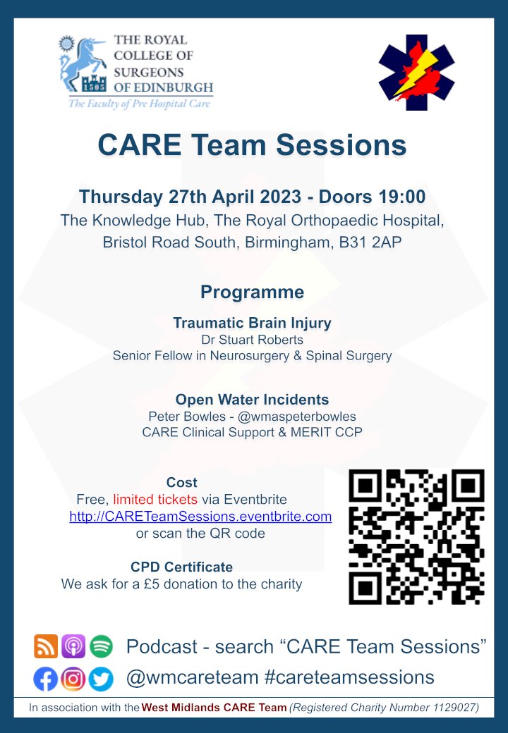 WM CARE Team (@wmcareteam) on Twitter photo Tickets available now for April #CARETeamSessions CPD event this Thursday!
Sign up here:
eventbrite.com/e/care-team-se…
Dr. Roberts will give us an overview of traumatic brain injury and <a href="/wmaspeterbowles/">Peter Bowles</a> will explore the subject of open water incidents/drowning
PB Tickets available now for April #CARETeamSessions CPD event this Thursday!
Sign up here:
eventbrite.com/e/care-team-se…
Dr. Roberts will give us an overview of traumatic brain injury and <a href="/wmaspeterbowles/">Peter Bowles</a> will explore the subject of open water incidents/drowning
PB