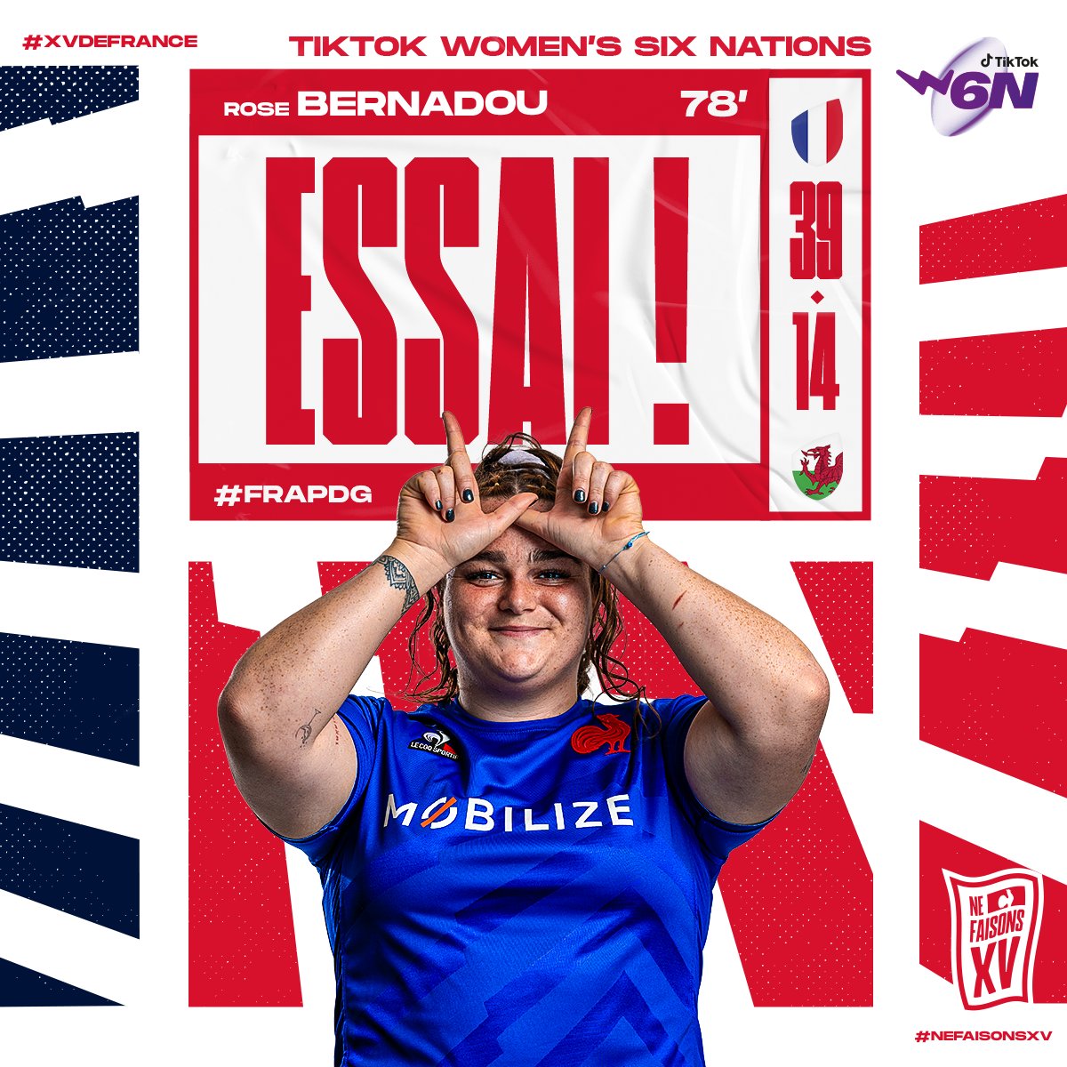 FranceRugby's tweet photo. 🇫🇷🏴󠁧󠁢󠁷󠁬󠁳󠁿 Le 6e essai pour les Bleues !
#FRAPDG #XVdeFrance #NeFaisonsXV #TikTokW6N https://t.co/fTvLCk5wfw